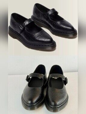 Docs, Doc Martens, Dr. Martens Black Croc-Texture Mary Jane Flats - Buckle Strap